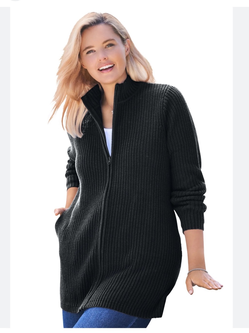 Woman Within Black Ribbed Zip-Front long Sweater Cardigan